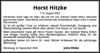 Traueranzeige von Horst Hitzke von Flensburger Tageblatt