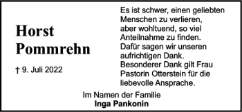 Traueranzeige von Horst Pommrehn von Holsteinischer Courier