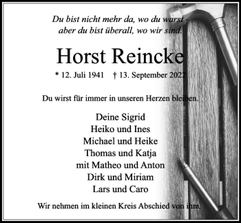 Traueranzeige von Horst Reincke von Stormarner Tageblatt
