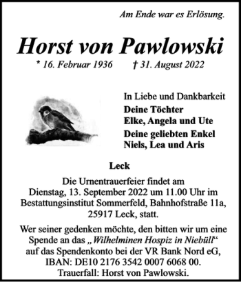 Traueranzeige von Horst von Pawlowski von Nordfriesland Tageblatt