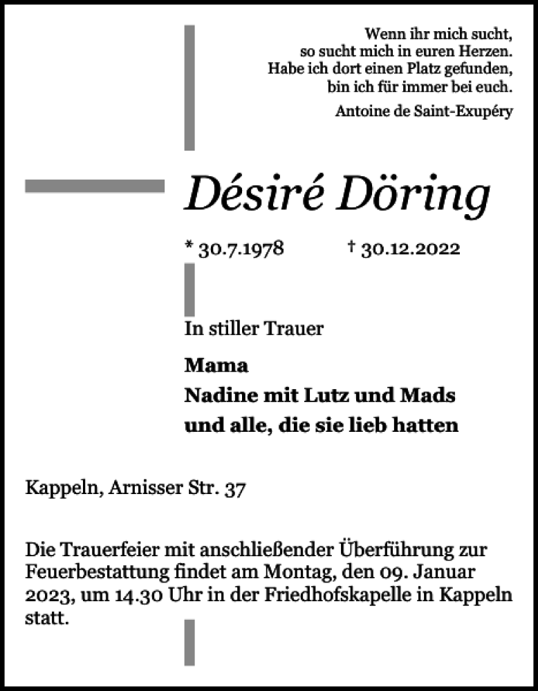  Traueranzeige für Désiré Döring vom 05.01.2023 aus Schlei-Bote