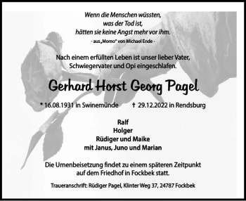 Traueranzeige von Gerhard Horst Georg Pagel von Landeszeitung