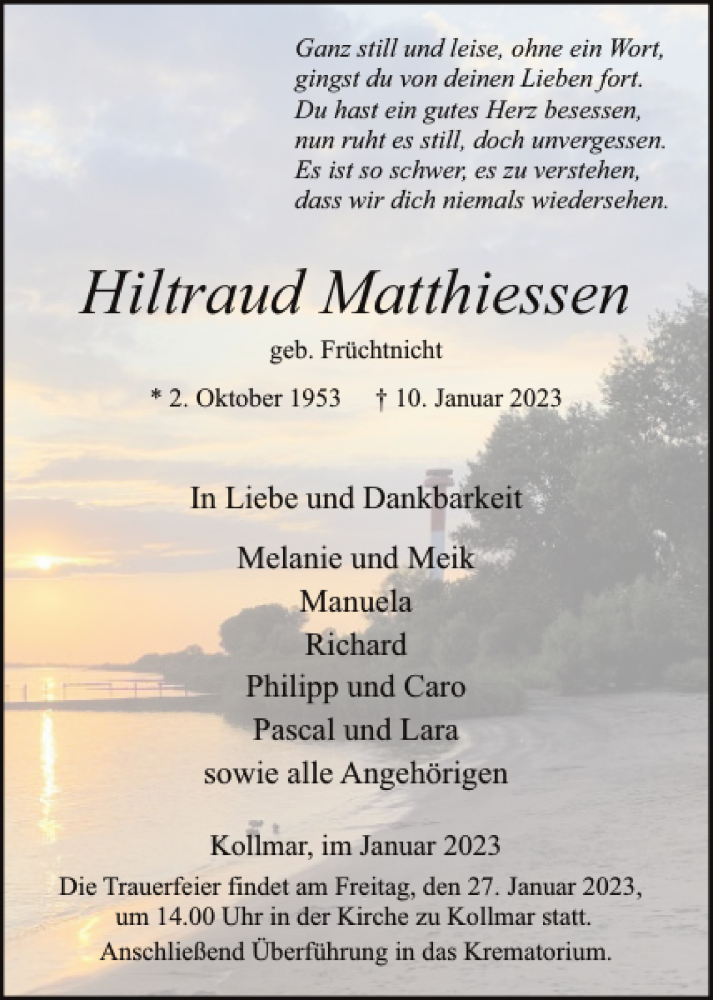  Traueranzeige für Hiltraud Matthiessen vom 21.01.2023 aus Elmshorner Nachrichten