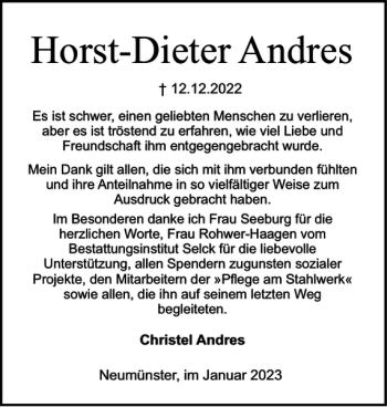 Traueranzeige von Horst-Dieter Andres von Holsteinischer Courier