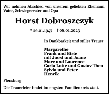 Traueranzeige von Horst Dobroszczyk von Flensburger Tageblatt