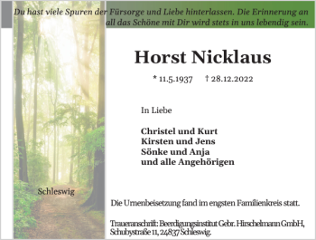 Traueranzeige von Horst Nicklaus von Schleswiger Nachrichten