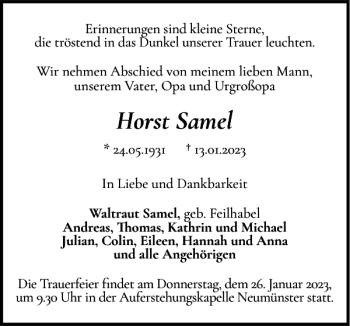Traueranzeige von Horst Samel von Holsteinischer Courier