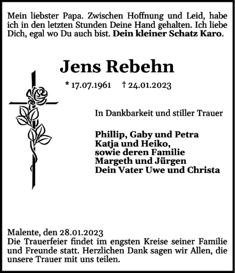  Traueranzeige für Jens Rebehn vom 31.01.2023 aus Ostholsteiner Anzeiger