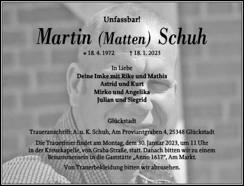  Traueranzeige für Martin Schuh vom 21.01.2023 aus Norddeutsche Rundschau