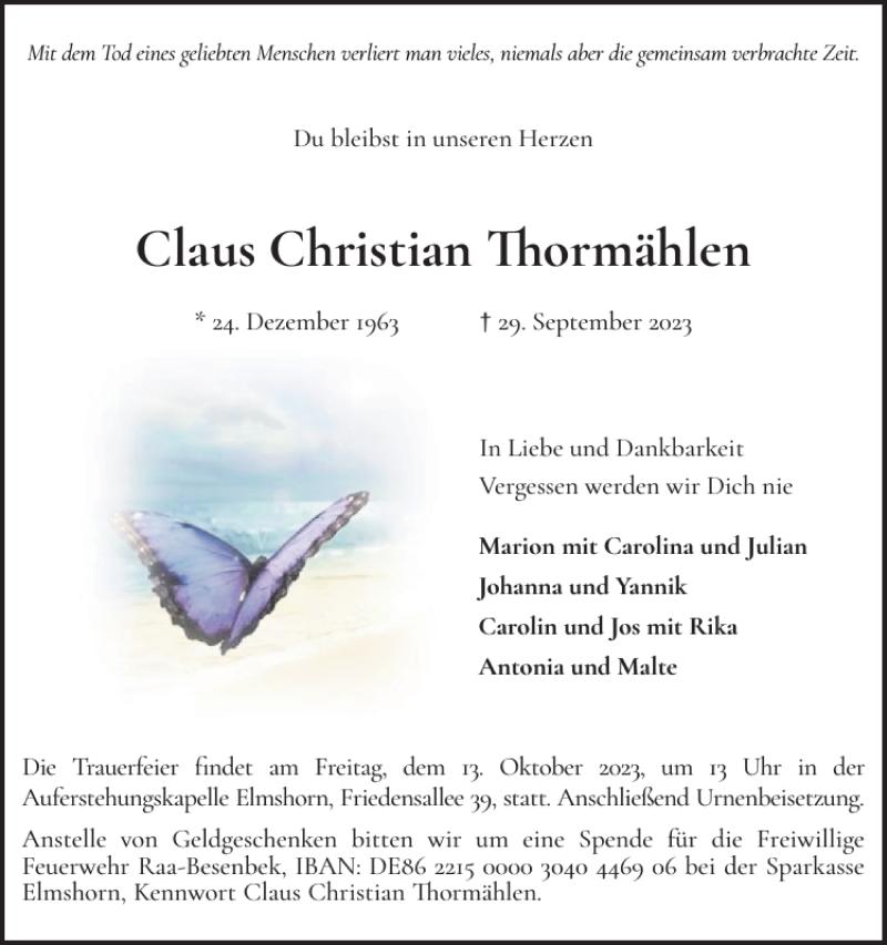  Traueranzeige für Claus Christian Thormählen vom 07.10.2023 aus Elmshorner Nachrichten
