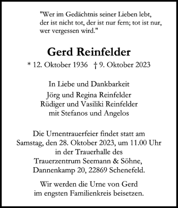 Traueranzeige von Gerd Reinfelder von Pinneberger Tageblatt