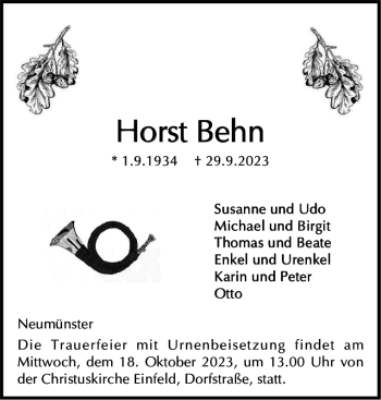 Traueranzeige von Horst Behn von Holsteinischer Courier