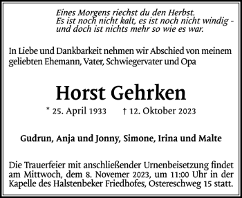 Traueranzeige von Horst Gehrken von Pinneberger Tageblatt