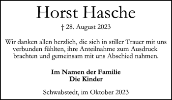 Traueranzeige von Horst Hasche von Husumer Nachrichten