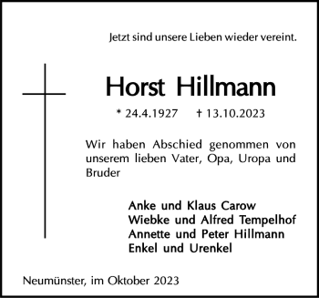 Traueranzeige von Horst Hillmann von Holsteinischer Courier