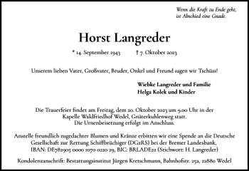 Traueranzeige von Horst Langreder von Wedel-Schulauer Tageblatt