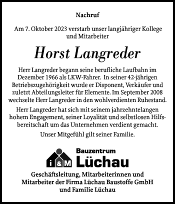Traueranzeige von Horst Langreder von Wedel-Schulauer Tageblatt