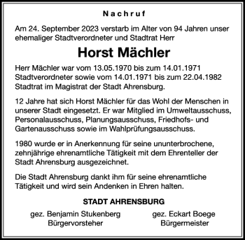 Traueranzeige von Horst Mächler von Stormarner Tageblatt
