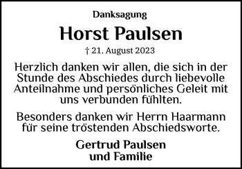 Traueranzeige von Horst Paulsen von Schleswiger Nachrichten