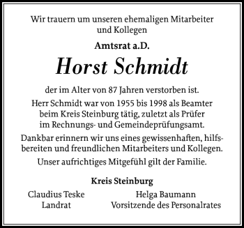 Traueranzeige von Horst Schmidt von Norddeutsche Rundschau