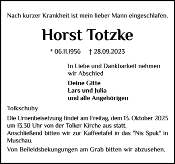 Traueranzeige von Horst Totzke von Schleswiger Nachrichten