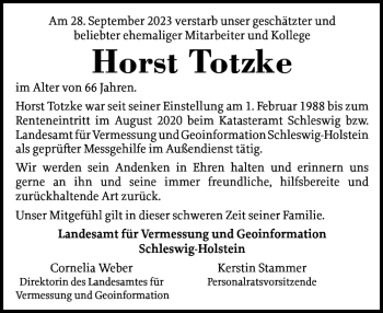 Traueranzeige von Horst Totzke von Schleswiger Nachrichten