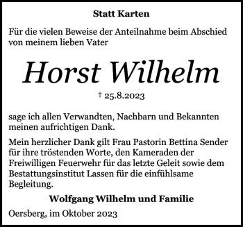 Traueranzeige von Horst Wilhelm von Schleswiger Nachrichten