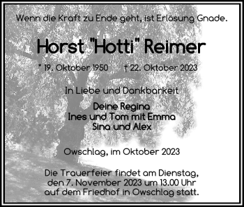 Traueranzeige von Horst Hotti Reimer von Landeszeitung