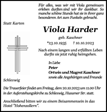 Traueranzeige von Viola Harder von Schleswiger Nachrichten