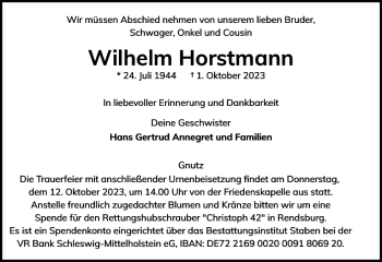 Traueranzeige von Wilhelm Horstmann von Landeszeitung