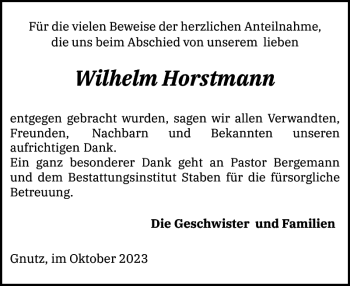 Traueranzeige von Wilhelm Horstmann von Landeszeitung