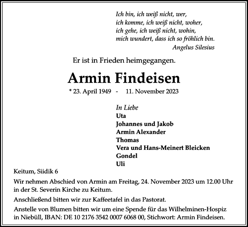  Traueranzeige für Armin Findeisen vom 18.11.2023 aus Sylter Rundschau