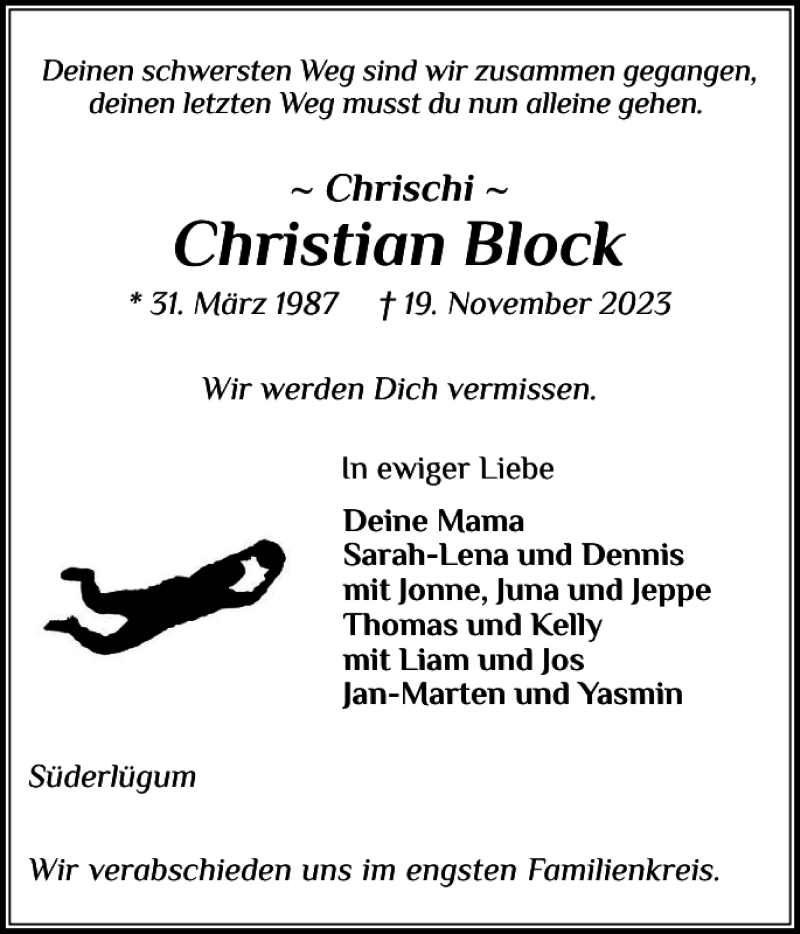  Traueranzeige für Christian Block vom 28.11.2023 aus Husumer Nachrichten