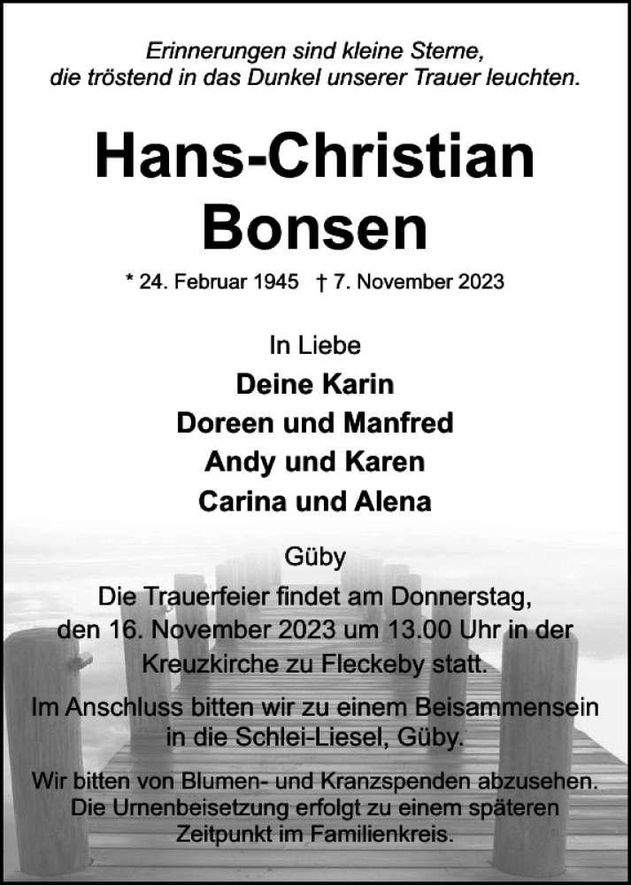  Traueranzeige für Hans-Christian Bonsen vom 11.11.2023 aus Eckernförder Zeitung