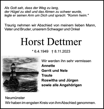 Traueranzeige von Horst Dettmer von Holsteinischer Courier