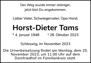 Traueranzeige von Horst-Dieter Tams von Schleswiger Nachrichten