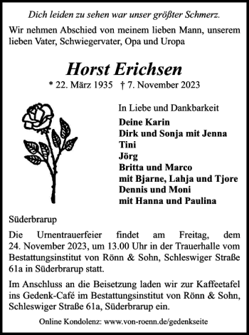 Traueranzeige von Horst Erichsen von Schleswiger Nachrichten