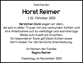 Traueranzeige von Horst Reimer von Landeszeitung