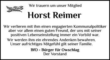 Traueranzeige von Horst Reimer von Landeszeitung