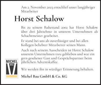 Traueranzeige von Horst Schalow von Schleswiger Nachrichten
