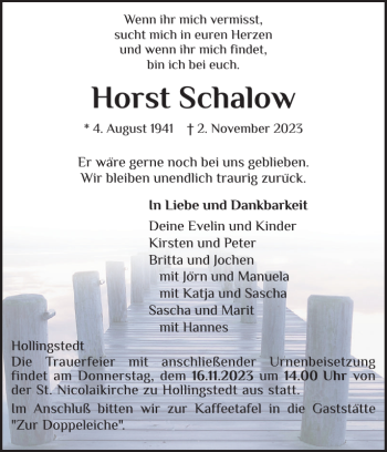 Traueranzeige von Horst Schalow von Flensburger Tageblatt