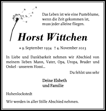 Traueranzeige von Horst Wittchen von Norddeutsche Rundschau