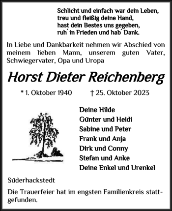 Traueranzeige von Horst Dieter Reichenberg von Flensburger Tageblatt