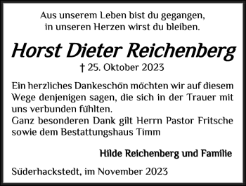 Traueranzeige von Horst Dieter Reichenberg von Flensburger Tageblatt