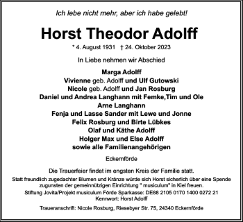 Traueranzeige von Horst Theodor Adolff von Norddeutsche Rundschau
