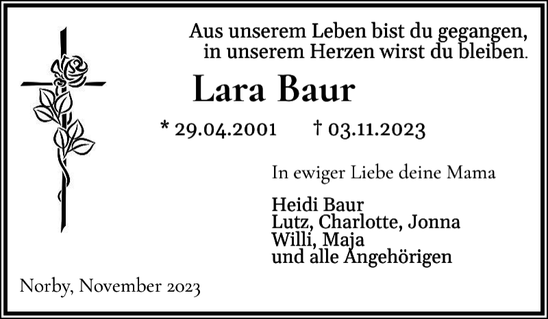  Traueranzeige für Lara Baur vom 28.11.2023 aus Landeszeitung