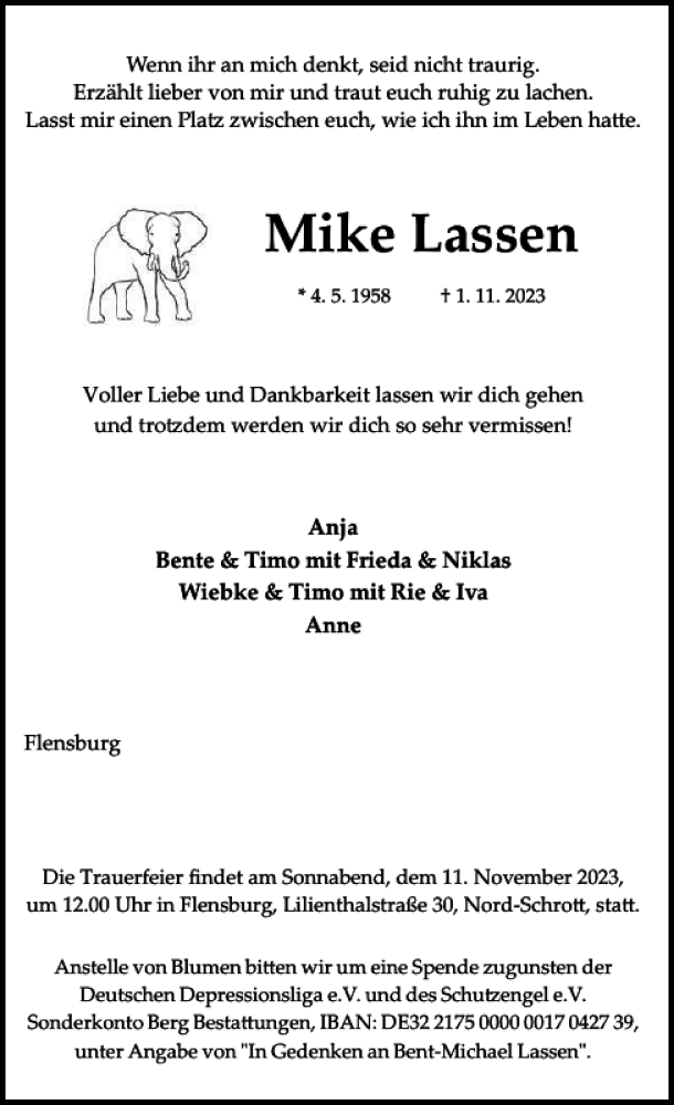  Traueranzeige für Mike Lassen vom 08.11.2023 aus Flensburger Tageblatt