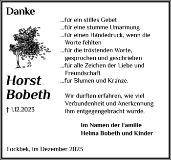 Traueranzeige von Horst Bobeth von Landeszeitung