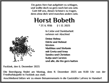 Traueranzeige von Horst Bobeth von Landeszeitung