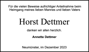 Traueranzeige von Horst Dettmer von Holsteinischer Courier